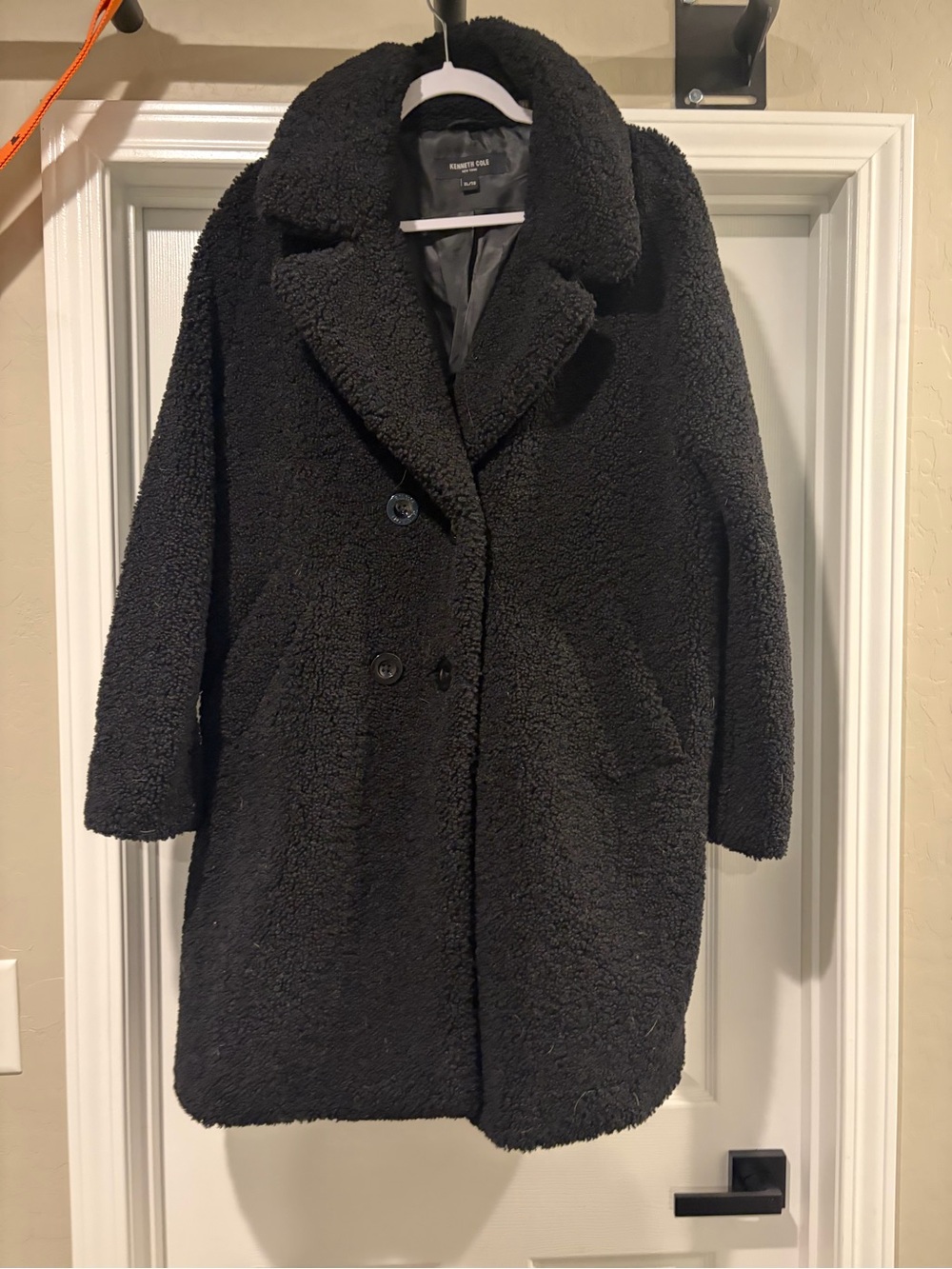 Kenneth Cole Black Teddy Coat with Lapel Collar